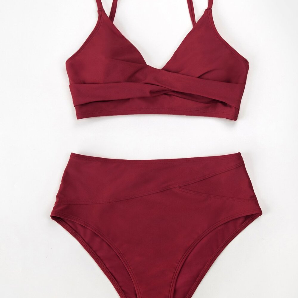 CUPSHE Size M Dark Red Twist Front Bralette and Spliced High Waist Bikini New